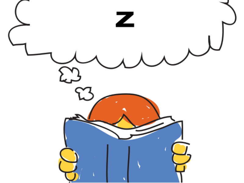 kid reading a book with a thought bubble containing "z"