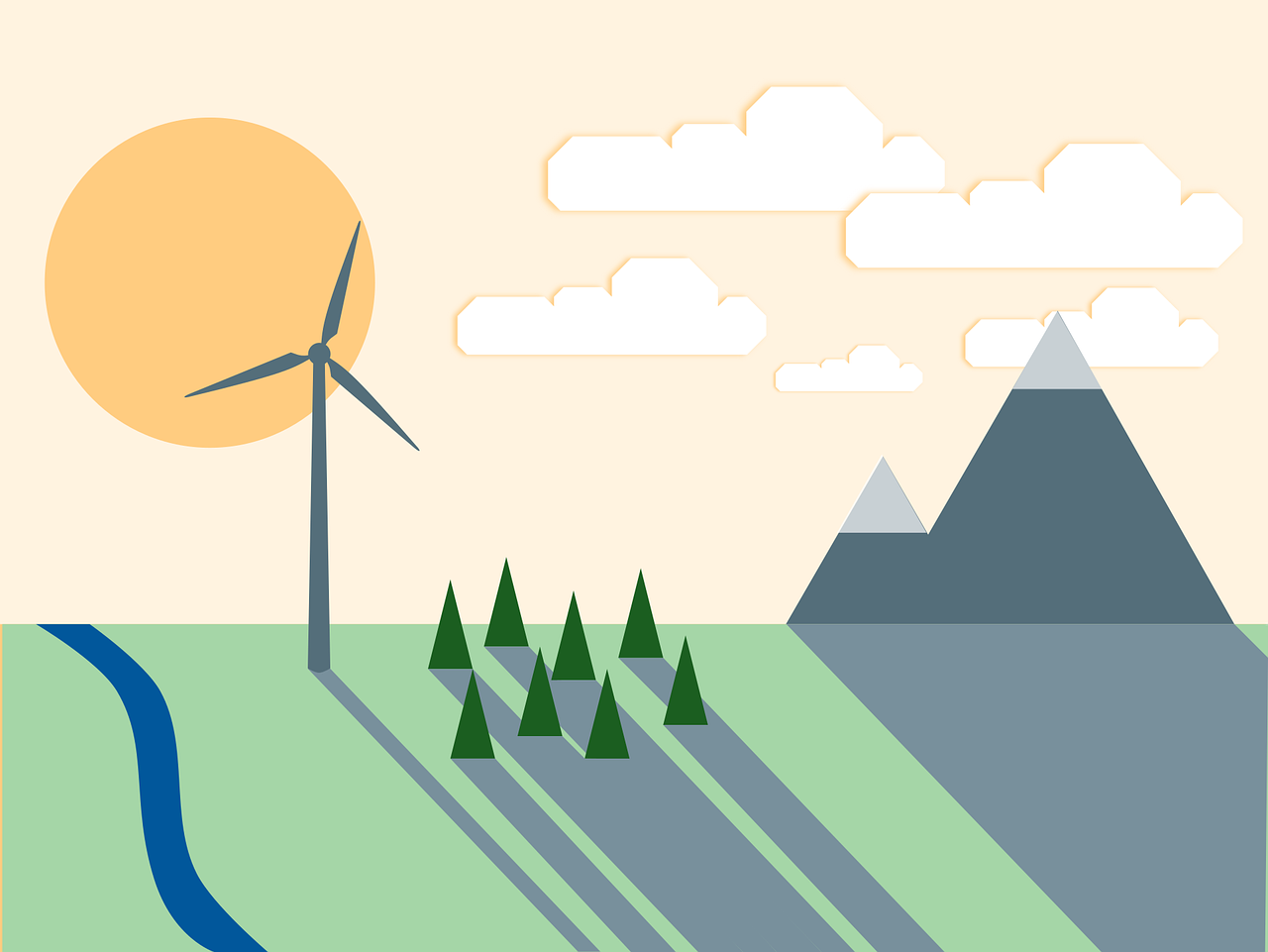 Wind turbine in front of the sun with landscape of mountains, trees and river. 